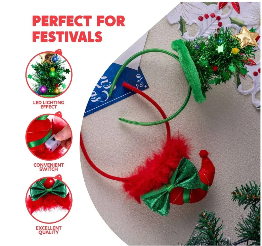 2 Pack Christmas LED Light Up Headbands Tree Elf Hat Holiday Party Costume